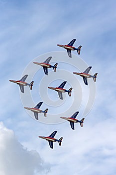 Patrouille de France, the aerobatic display team of the French Air Force Armee de lÃ¢â¬â¢Air flying Dassault-Dornier Alpha Jet E jet